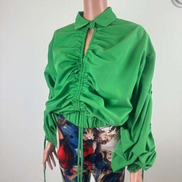 Women's Love, Highlight Ruched Long Sleeve Green Cropped Collared Shirt Small - Picture 12 of 14